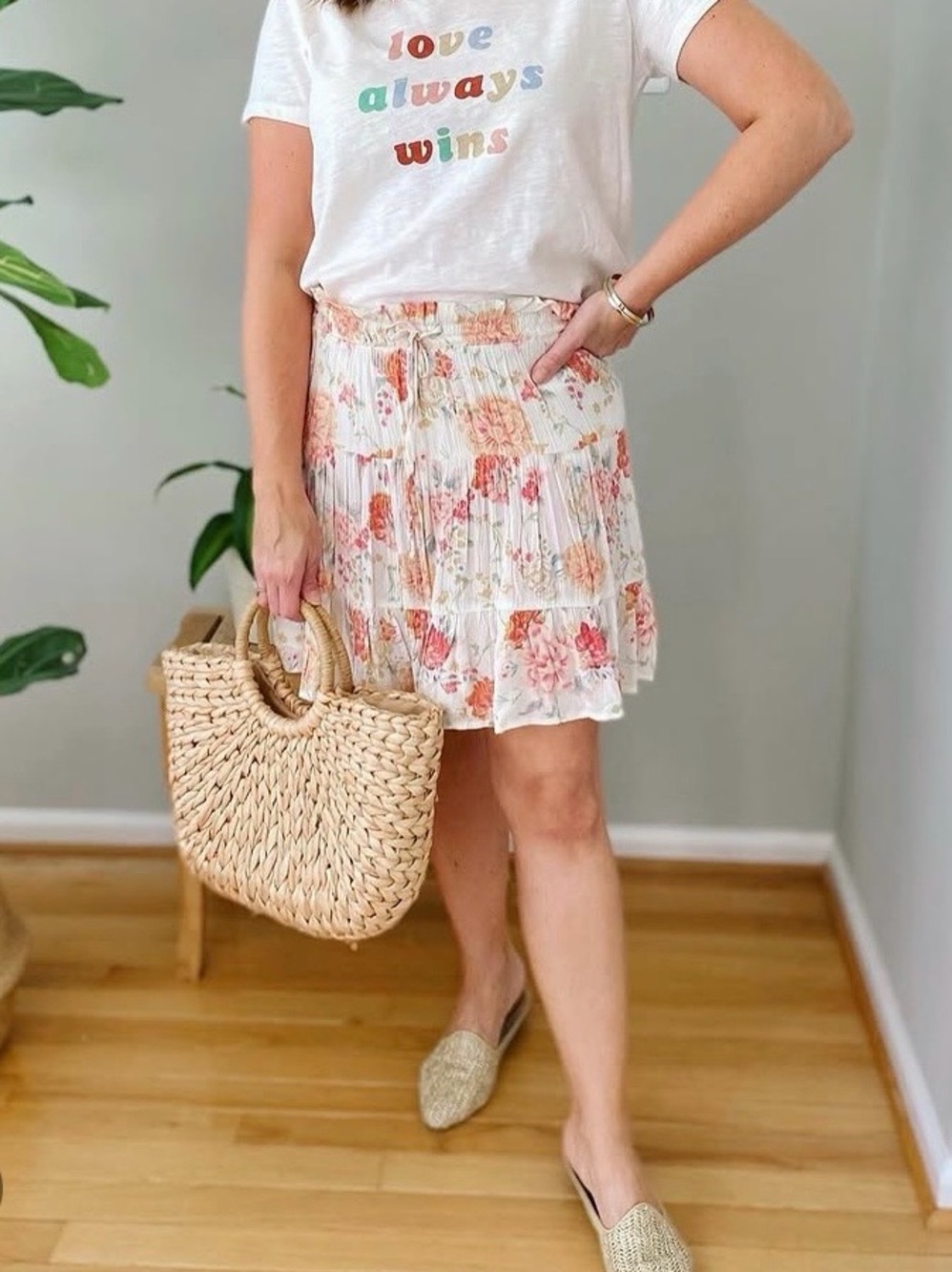SO White Floral Tiered Mini Skirt with Pink and Gold Flowers